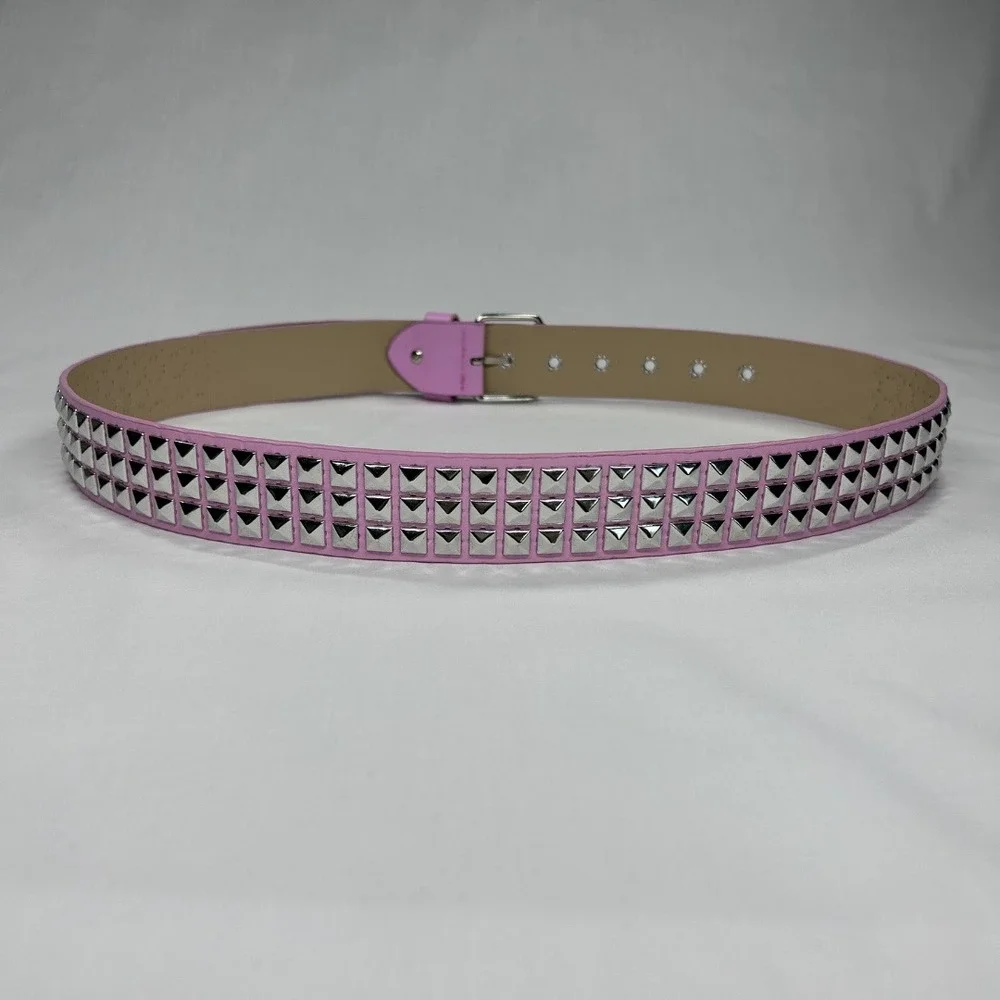 Pink Faux Leather Studded Belt 3 Row Silver Pyramid Studs Punk Emo NWOT